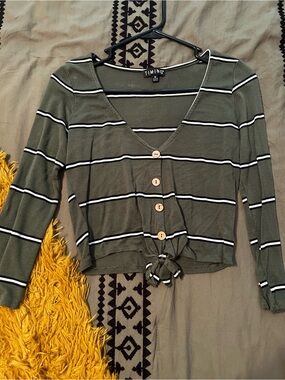Timing Olive Striped V-Neck Tie-Front Crop Top
